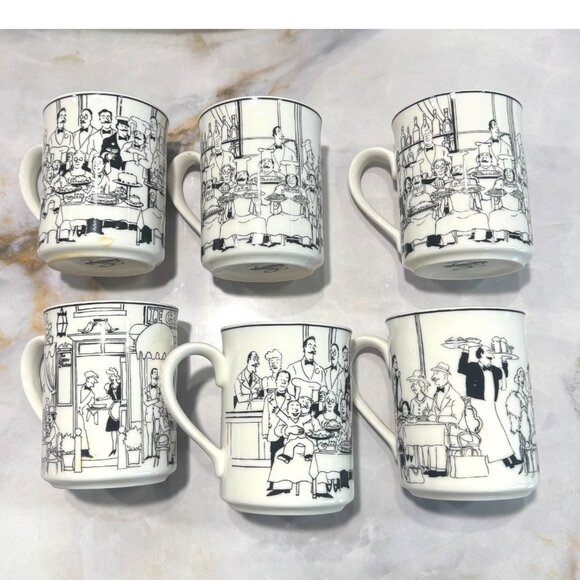 Epoch "Le Restaurant" Black & White Mug Set Of 6 Vintage Bistro Design 4" Tall - Picture 3 of 4